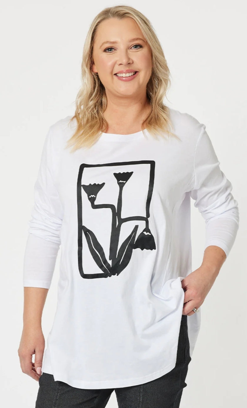 Clarity white top with black print