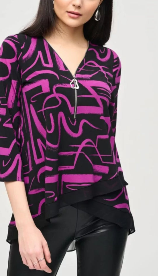 Joseph Ribkoff cerise black print top