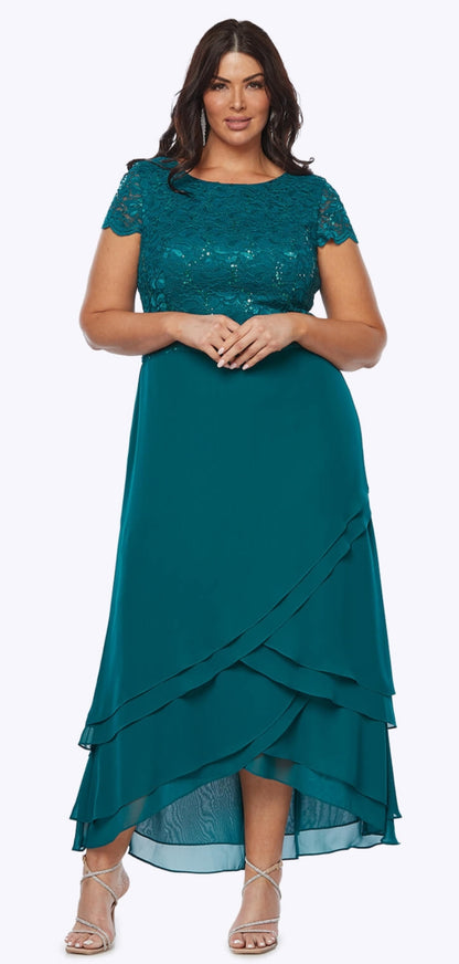 Layla Jones emerald lace and chiffon dress