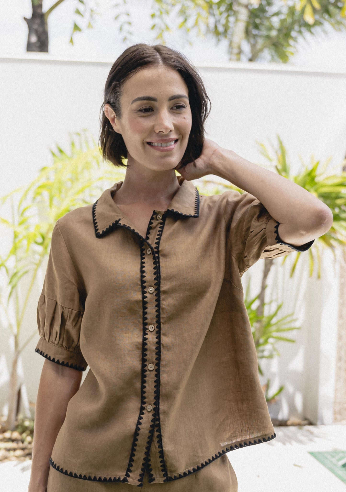 See Saw Toffee and black linen shirt